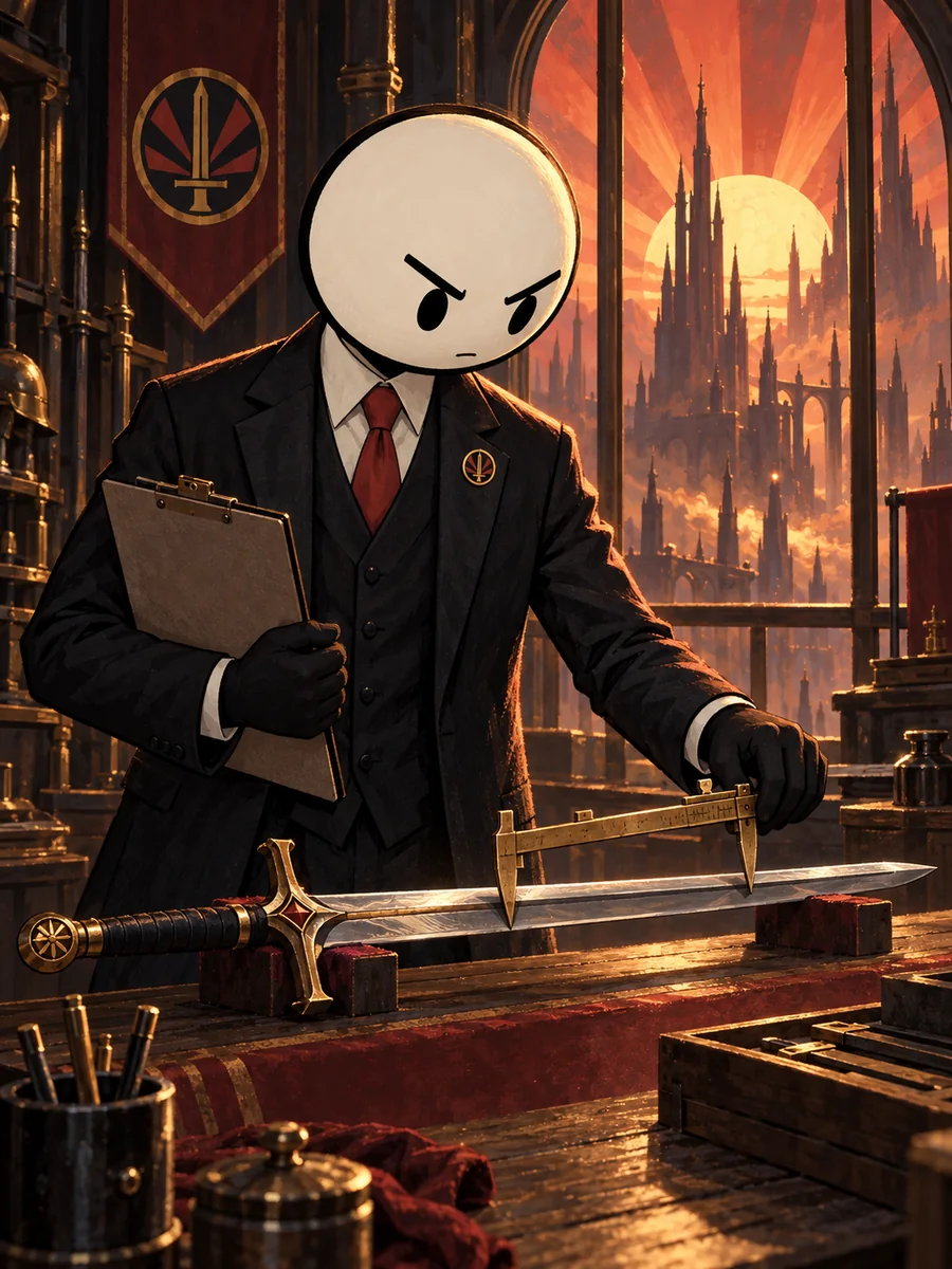 A Bureau of Gear inspector in a dark suit measures a sword with a brass caliper, clipboard in hand