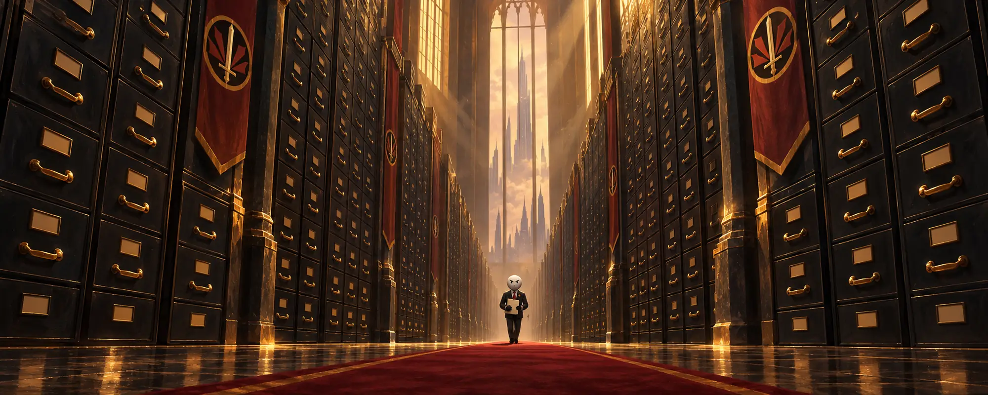 A vast hall of filing cabinets receding into the distance, with one small clerk walking down the red carpet